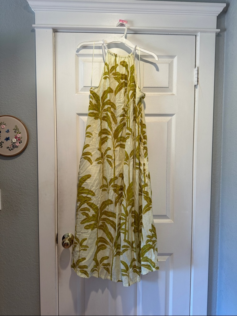 Tahari Cream and Olive Green Palm Print Maxi Dress